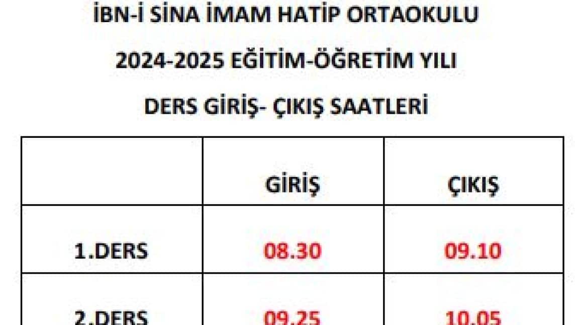 2024 - 2025 EĞİTİM ÖĞRETİM YILI  18 KASIM 2024 SINIF DERS PROGRAMI VE OKUL GİRİŞ ÇIKIŞ SAATLERİ